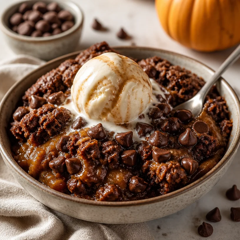 One-bowl pumpkin mocha dump cake served with a dollop of whipped cream.