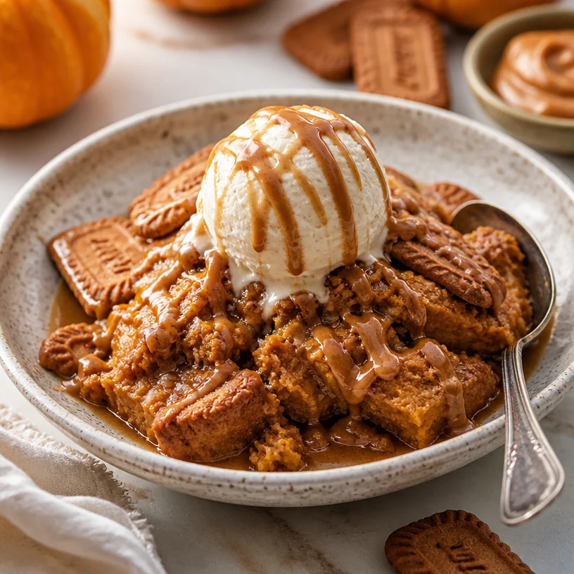Delicious autumn pumpkin cookie butter dump cake in a pan