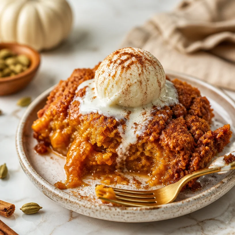 One-Pan 5-Ingredient Pumpkin Chai Dump Cake served on a rustic table