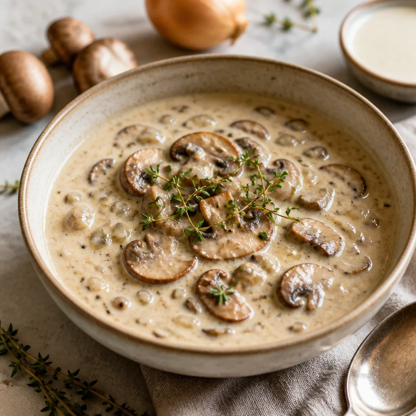 Bowl of one-pan creamy mushroom soup topped with fresh herbs