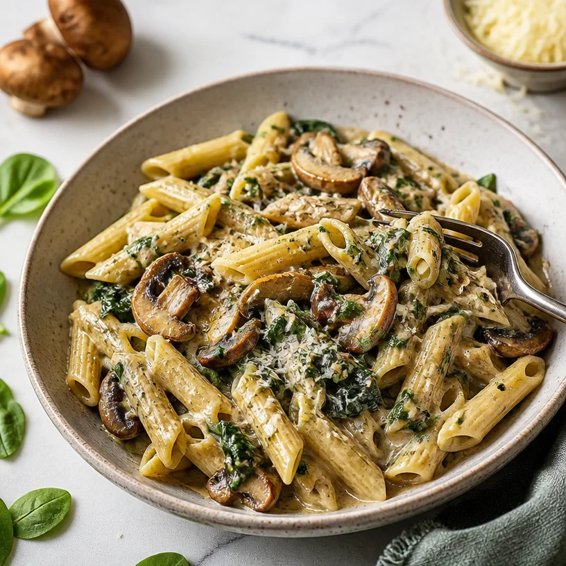 One-Pan Creamy Spinach Mushroom Pasta served in a bowl