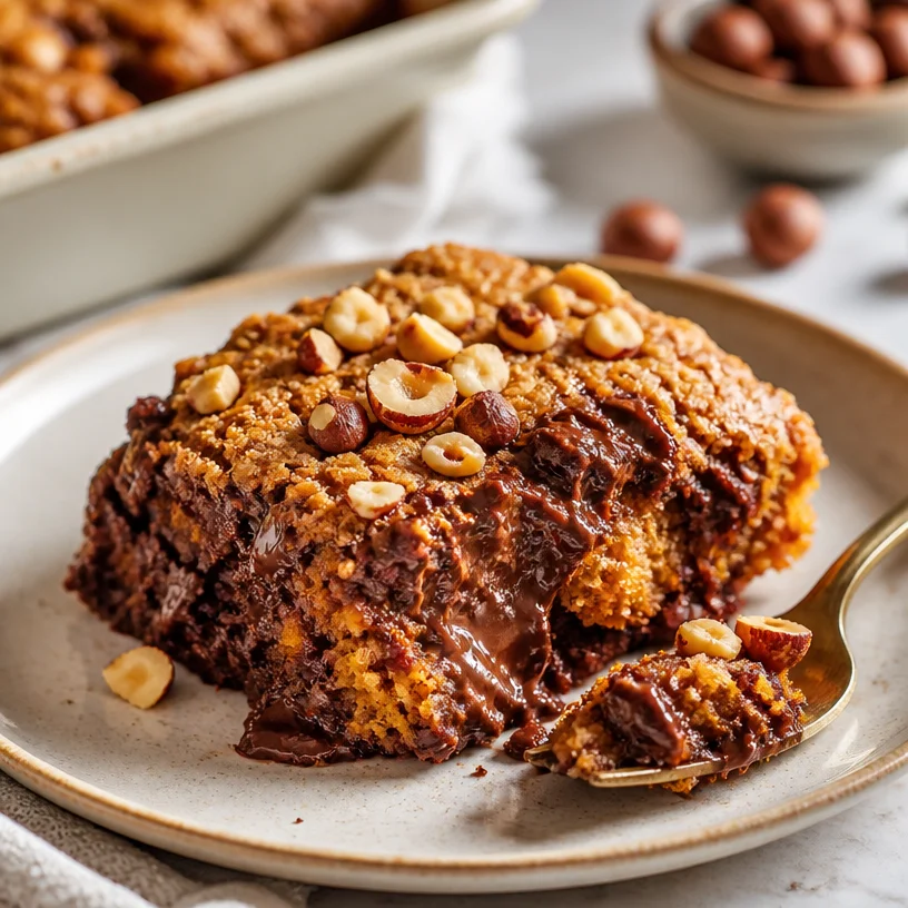 One-pan easy pumpkin Nutella dump cake served on a fall-themed table