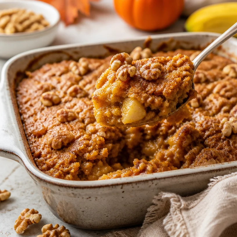 Delicious one-pan pumpkin banana bread dump cake served with fall decorations.