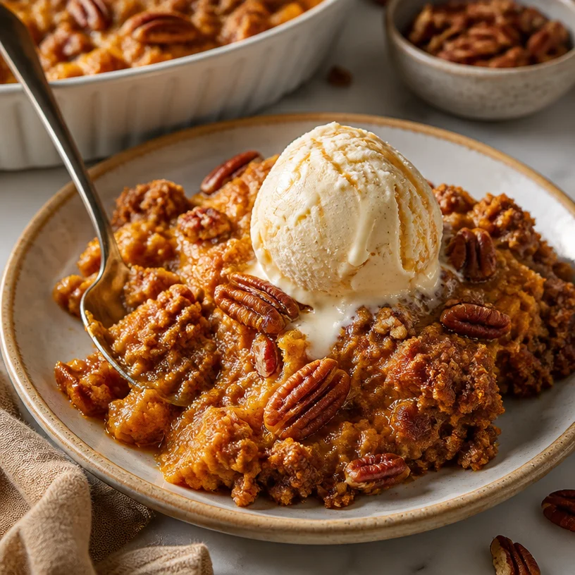 One-Pan Pumpkin Bourbon Pecan Dump Cake served for Thanksgiving dessert