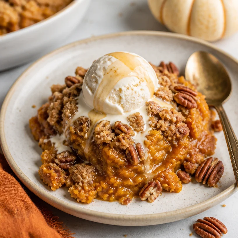 Delicious one-pan pumpkin brown butter dump cake ready to serve on a weeknight.