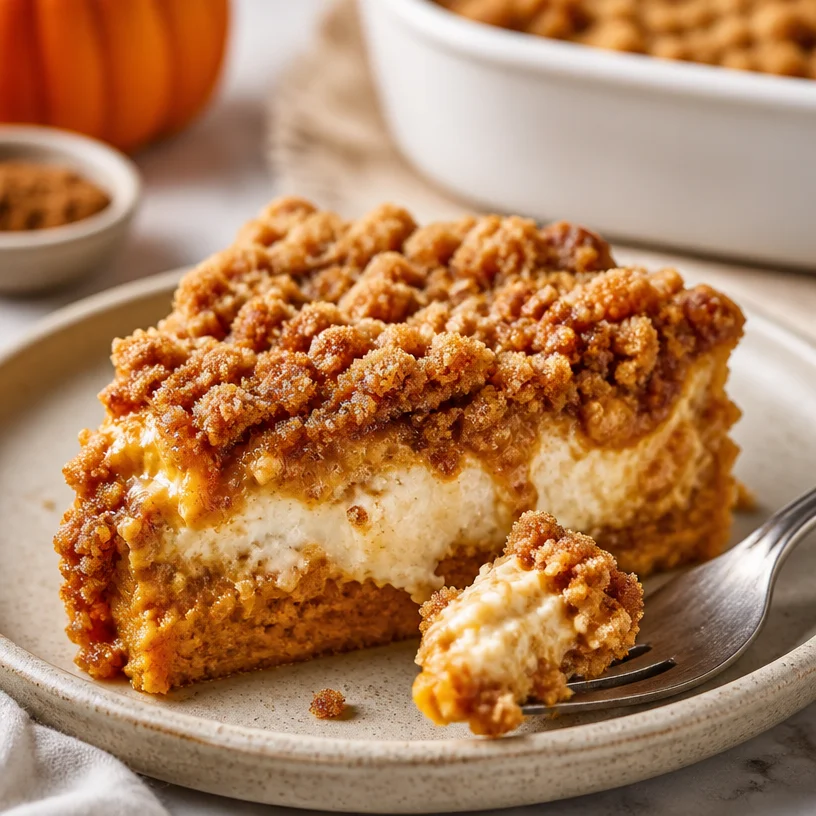 One-Pan Pumpkin Cheesecake Dump Cake with Streusel Topping served on a plate