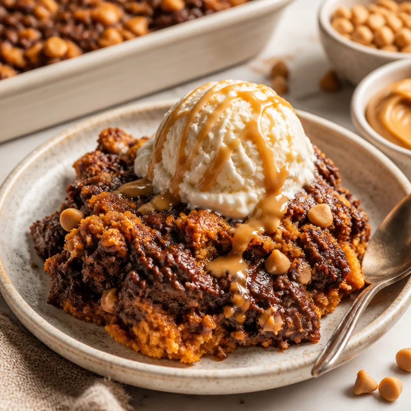 One-pan pumpkin chocolate peanut butter dump cake served on a plate.