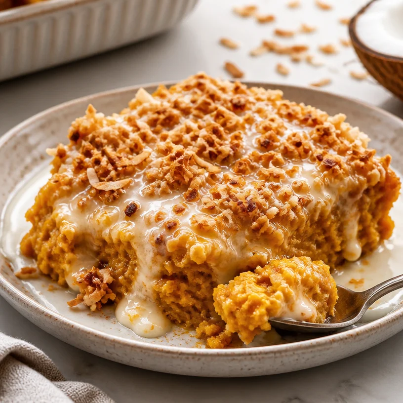 Delicious one-pan pumpkin coconut cream dump cake for easy weeknight dessert.