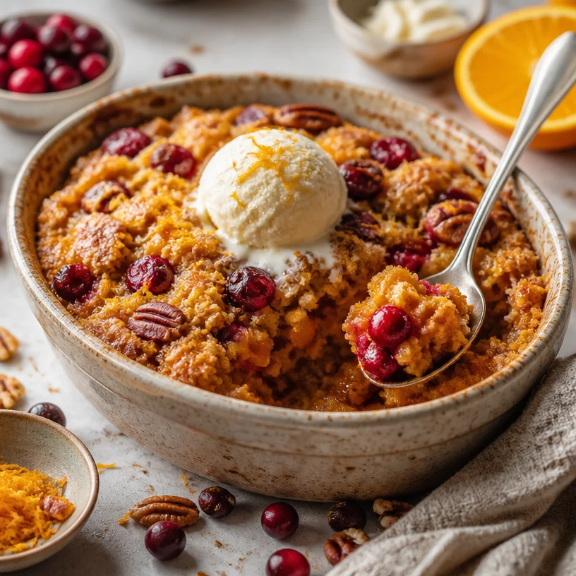 Delicious one-pan pumpkin cranberry orange dump cake served with a festive garnish