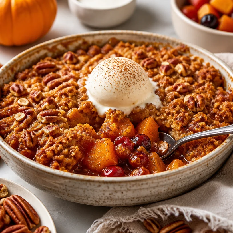 One-Pan Pumpkin Harvest Fruit Dump Cake served on a plate