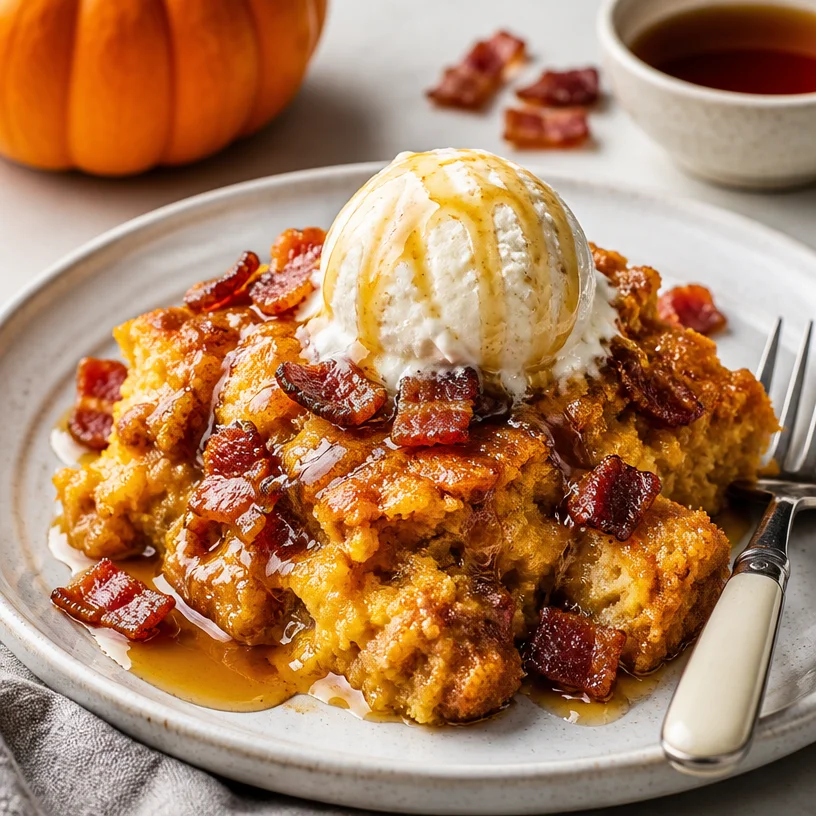 One-Pan Pumpkin Maple Bacon Dump Cake ready to be served for dessert