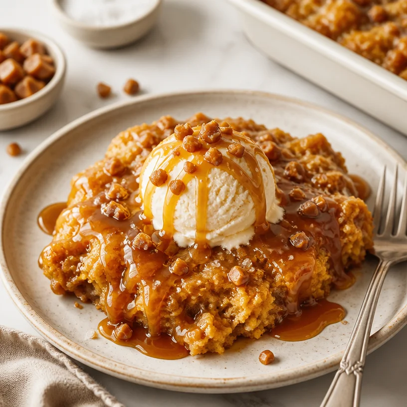 Delicious one-pan pumpkin salted caramel dump cake topped with caramel drizzle