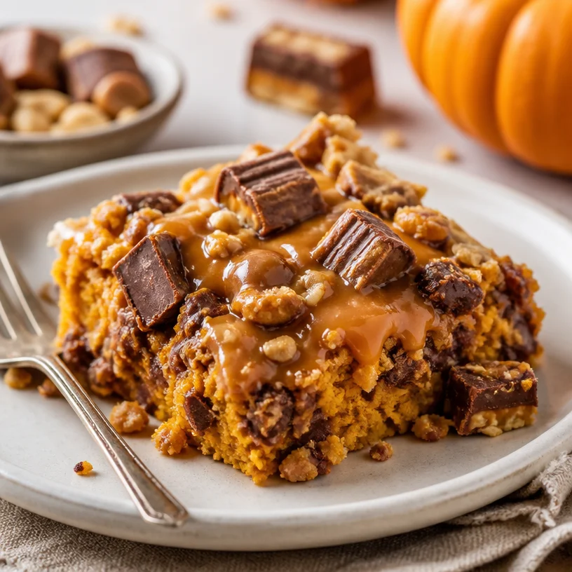 One-Pan Pumpkin Snickers Dump Cake served in a cozy setting