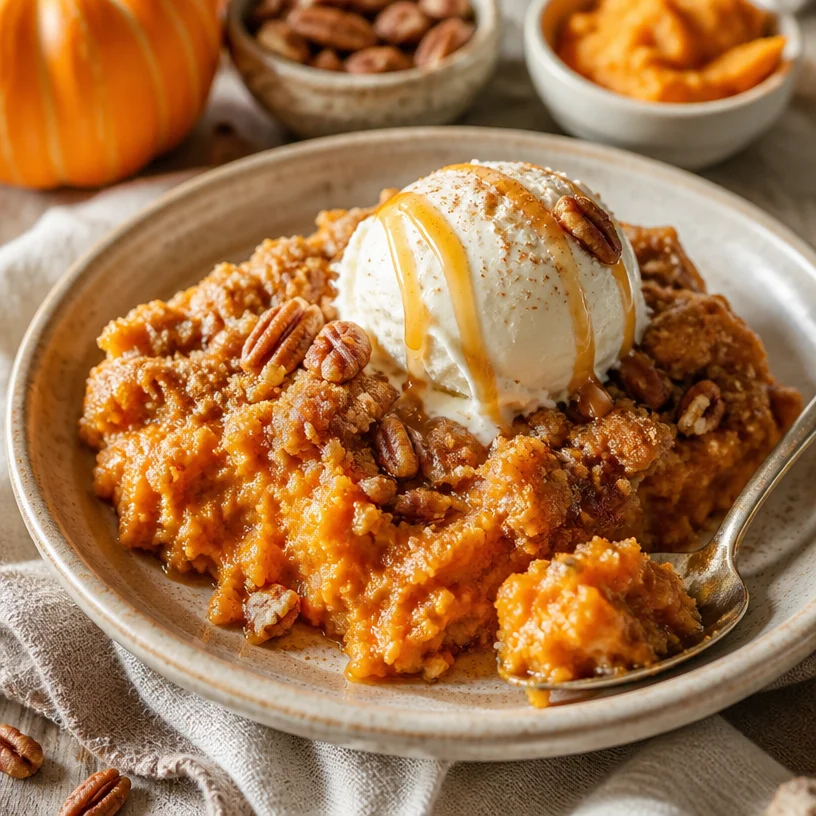 Delicious one-pan pumpkin sweet potato dump cake ready to serve for autumn dessert.