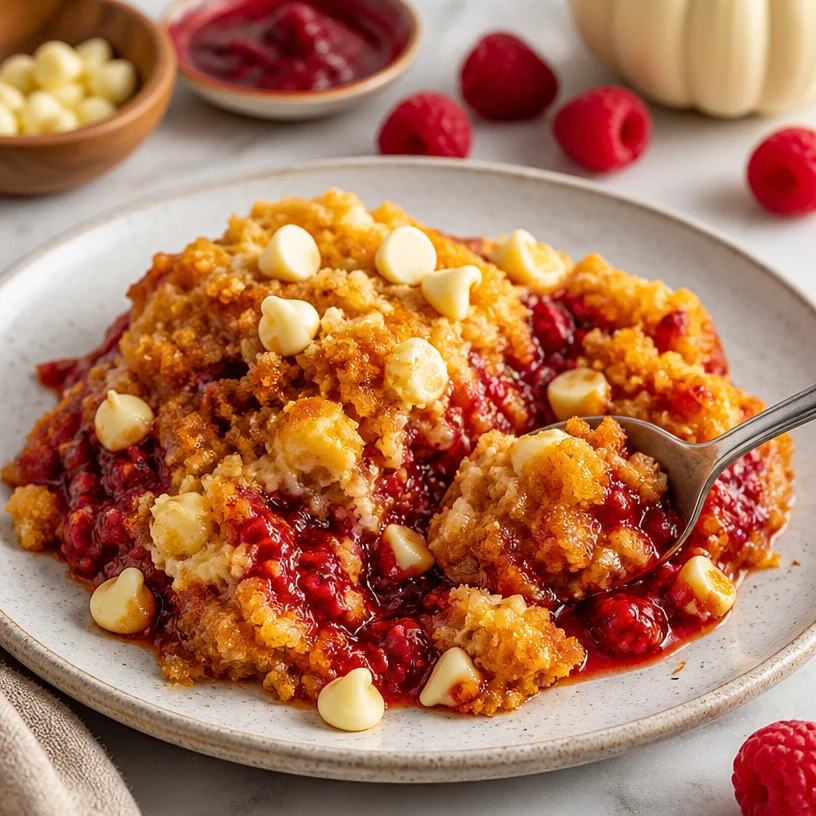 One-Pan Pumpkin White Chocolate Raspberry Dump Cake with fresh raspberries