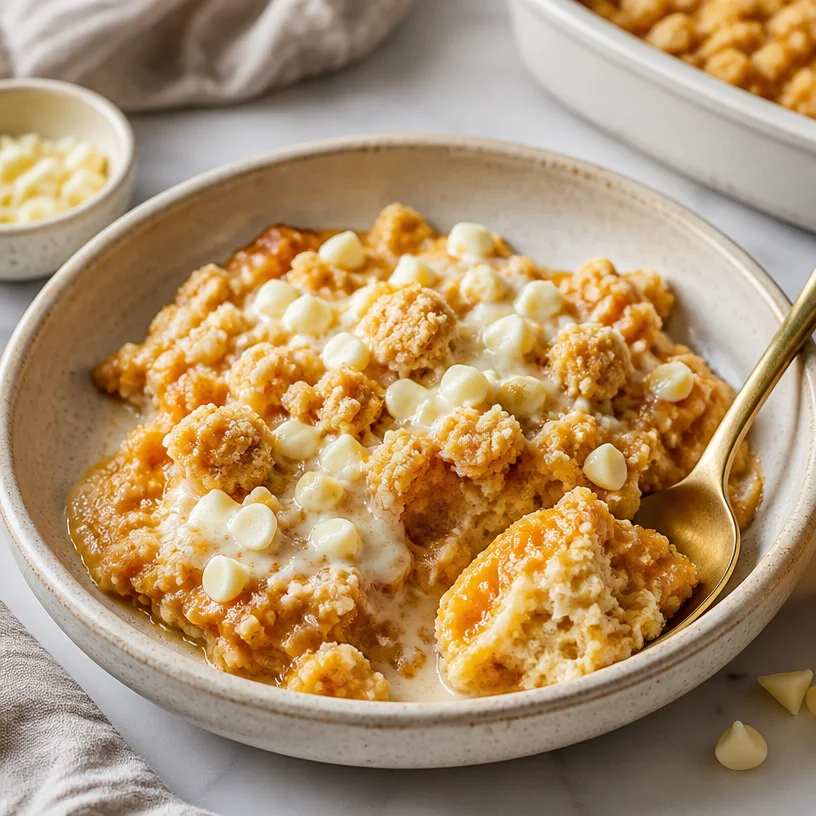 One-Pan Pumpkin White Mocha Dump Cake dessert in a baking dish