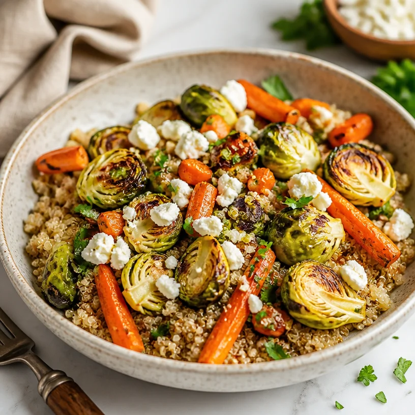 One-Pan Roasted Veggie Quinoa Bowl with colorful vegetables and quinoa