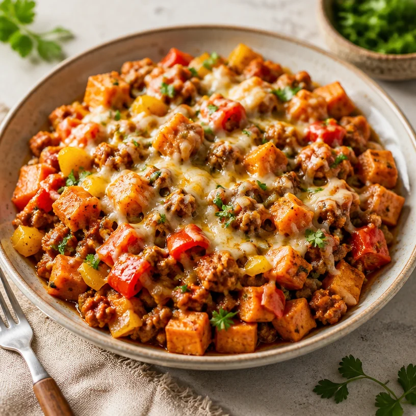 One-pan turkey sweet potato hash cooked in a skillet, colorful and nutritious.