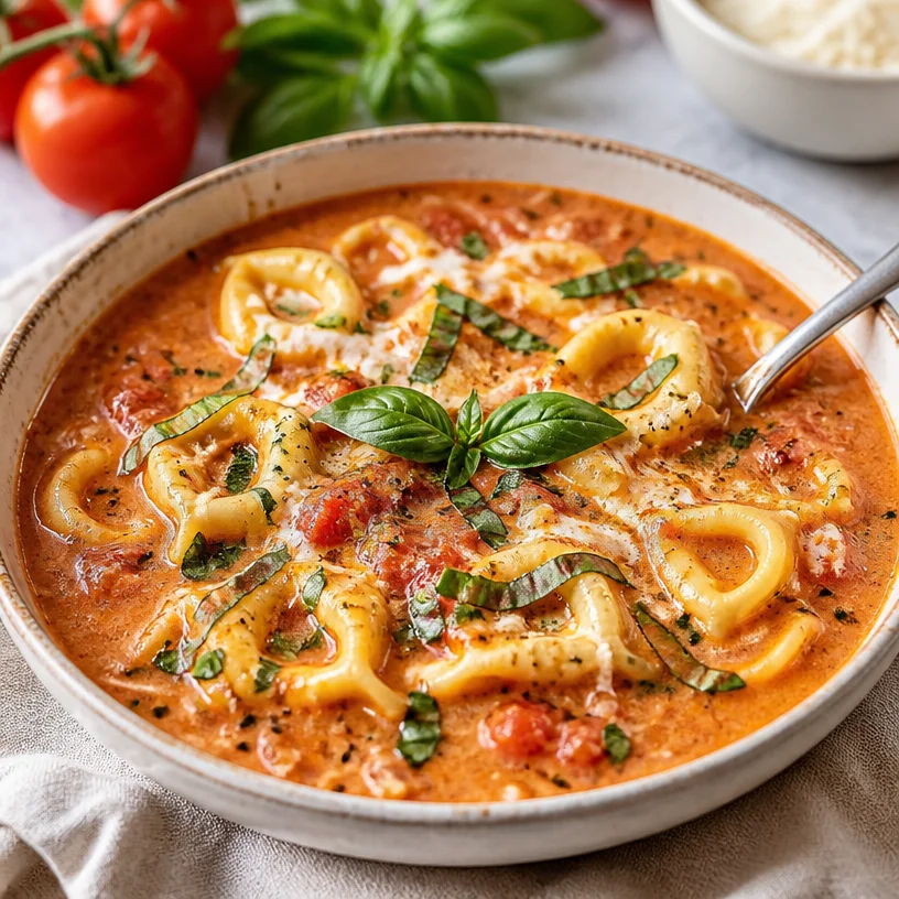 One-pot creamy tomato tortellini soup in a bowl, garnished with fresh herbs