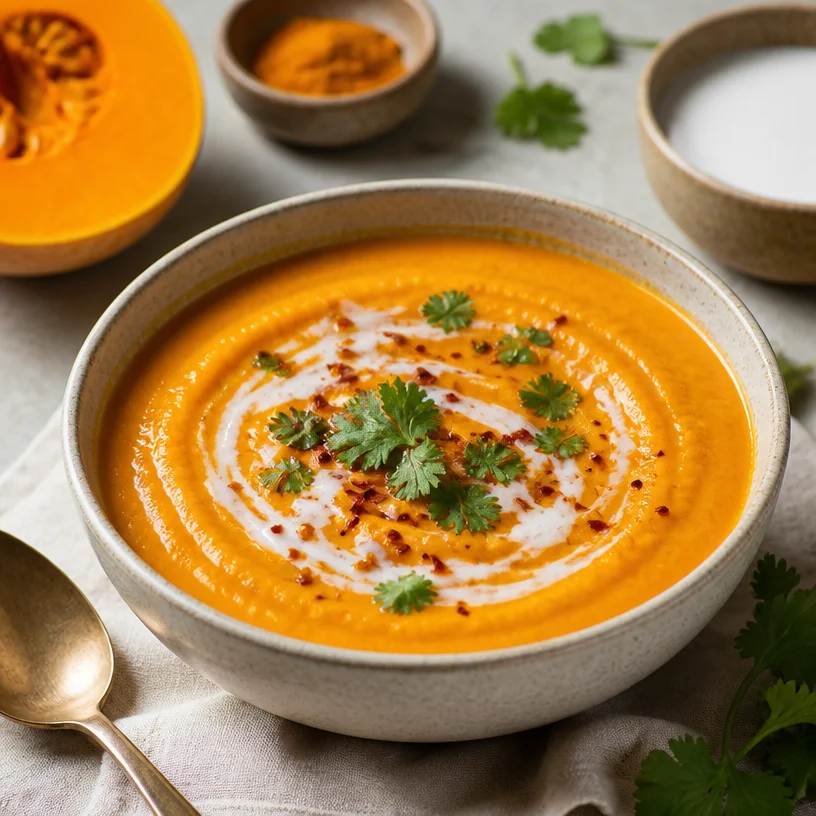 One-Pot Pumpkin Curry Soup in a bowl with spices and herbs