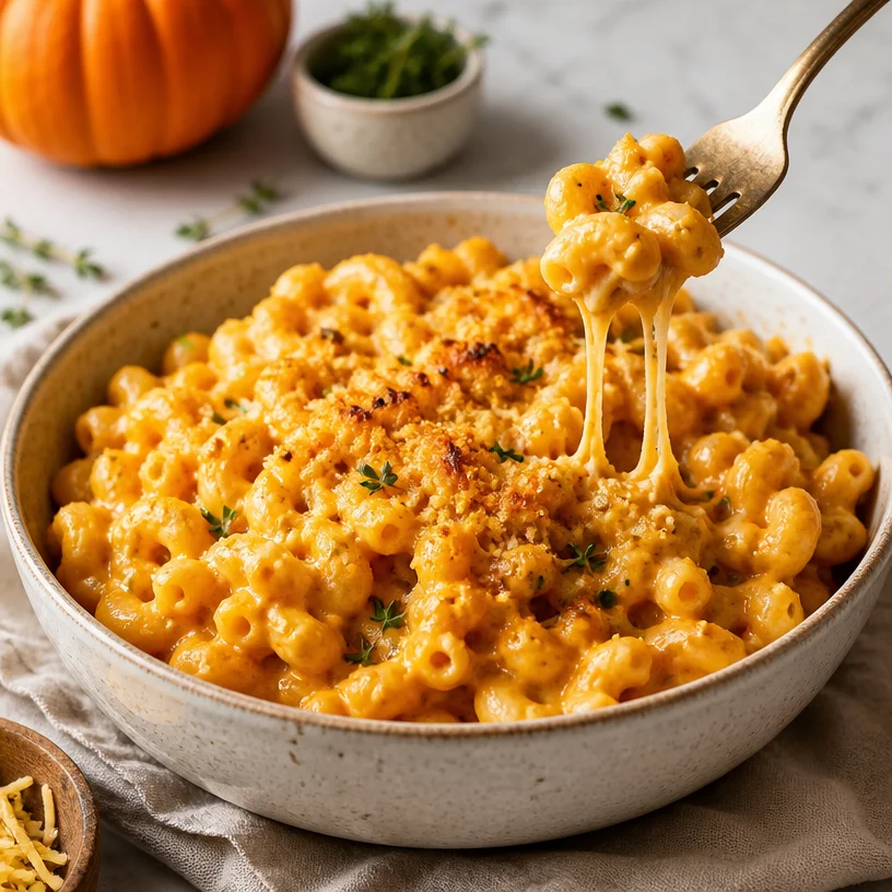 One-Pot Pumpkin Mac Bowl garnished with herbs, showcasing creamy fall flavors.
