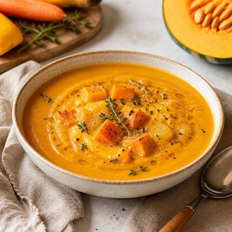 Delicious one-pot roasted veggie soup garnished with herbs and vegetables