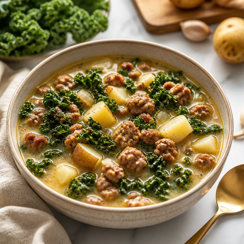 One-pot sausage kale soup in a rustic bowl, garnished and steaming.