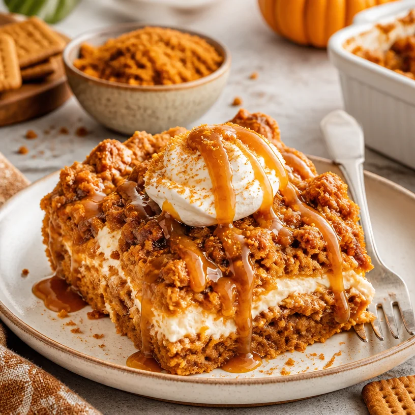 Delicious Pumpkin Biscoff Cheesecake Dump Cake ready to be served