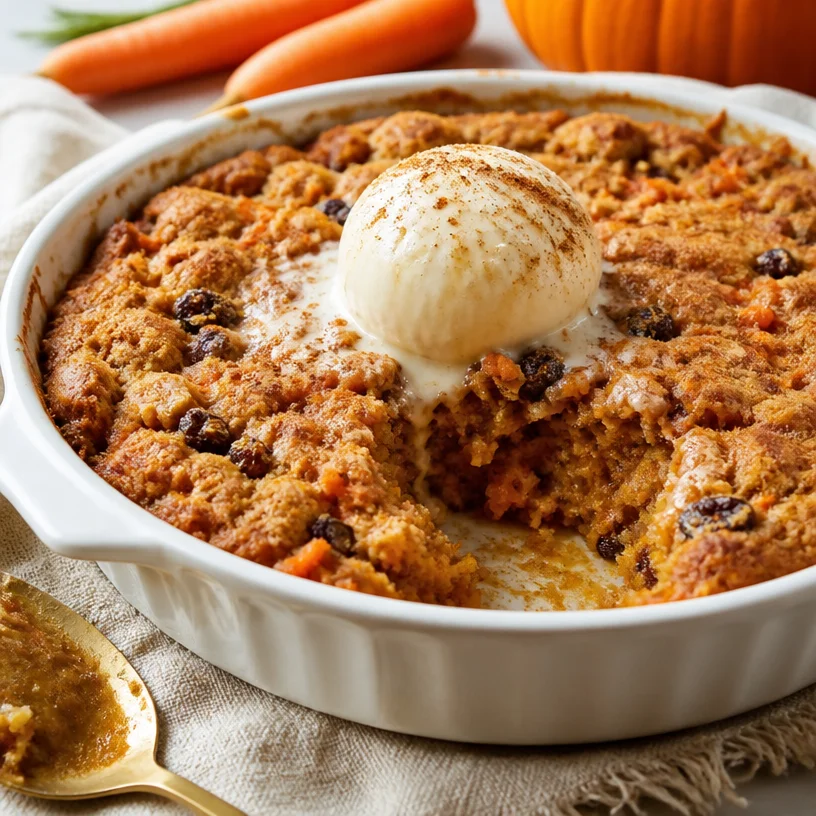 Delicious pumpkin carrot cake dump cake topped with cream cheese frosting.