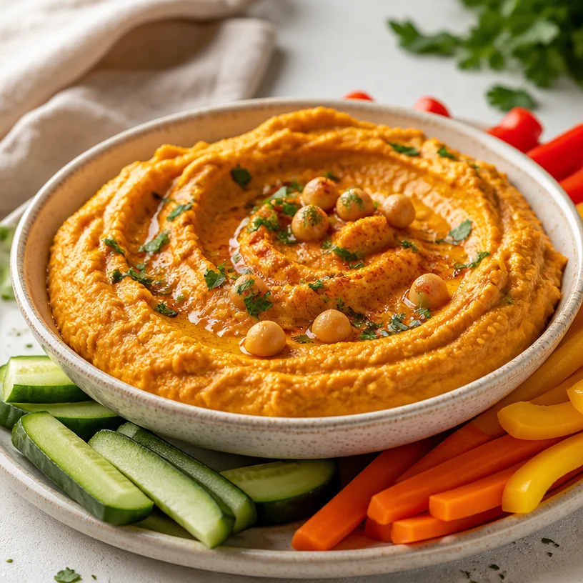 Bowl of creamy pumpkin hummus with pumpkin seeds and spices on a wooden table