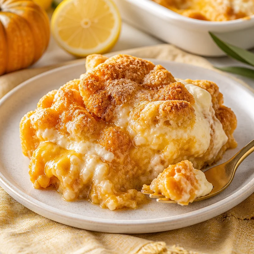 Delicious Pumpkin Lemon Cream Dump Cake on a plate, garnished with lemon slices.