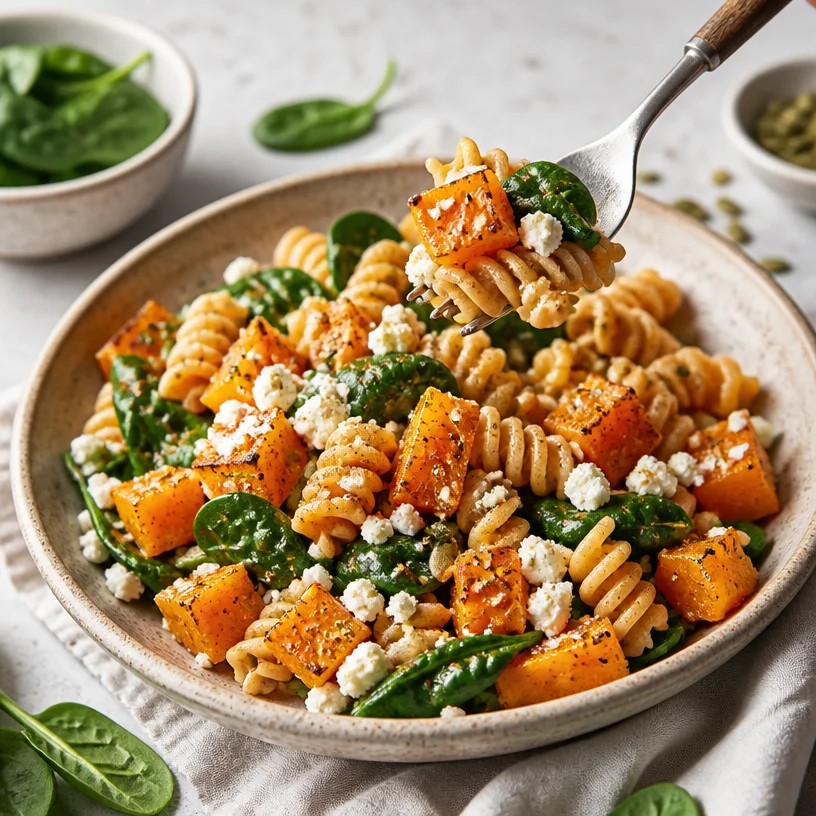 Colorful pumpkin pasta salad with fresh herbs and seasonal ingredients