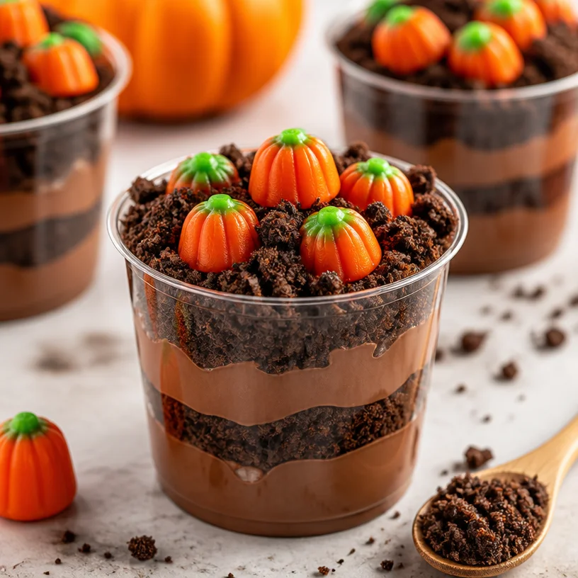Cheerful Pumpkin Patch Dirt Cups with candies in a festive fall setting.