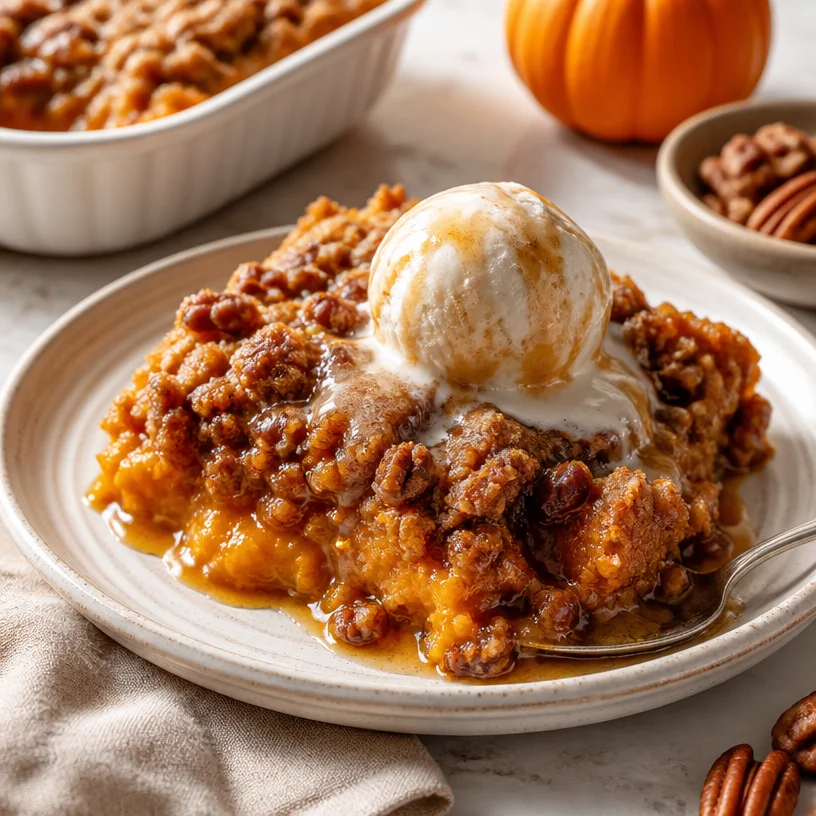 Pumpkin Praline Dump Cake topped with praline and whipped cream