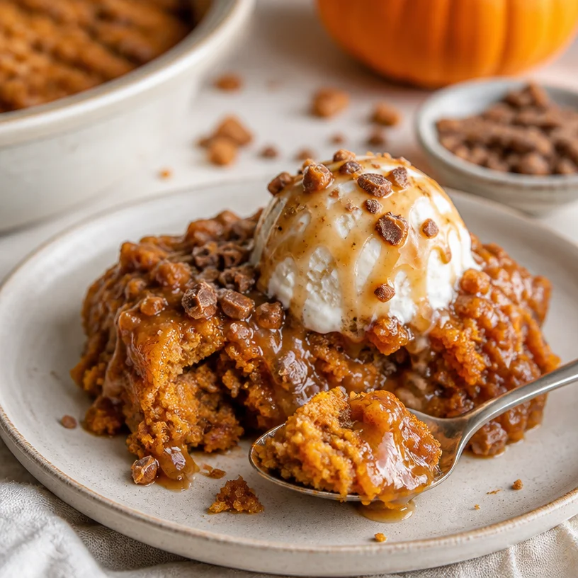 Delicious Pumpkin Toffee Crunch Dump Cake with toffee bits and creamy layers