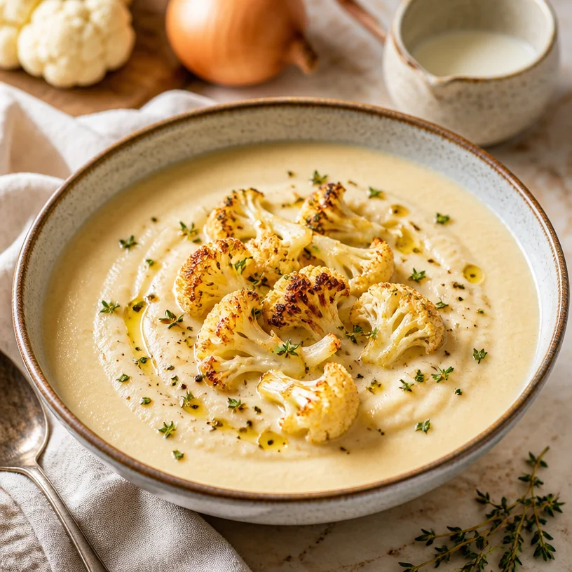 Bowl of creamy roasted cauliflower soup garnished with fresh herbs