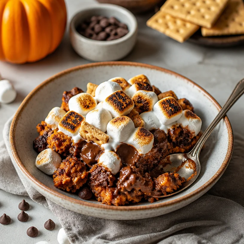 One-pan pumpkin s'mores dump cake topped with melted marshmallows and chocolate