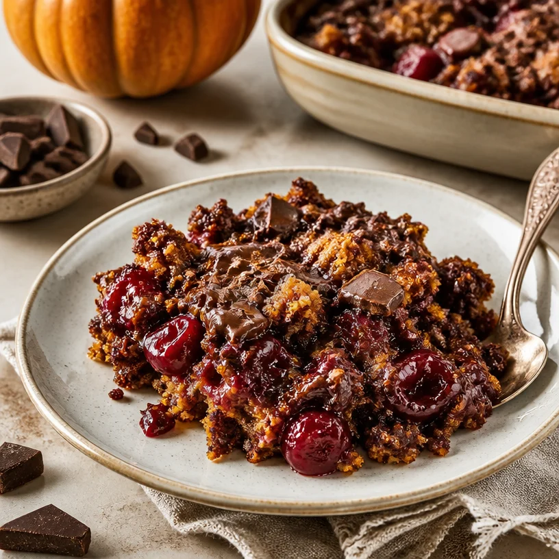 Seasonal pumpkin chocolate cherry dump cake served in a cozy setting