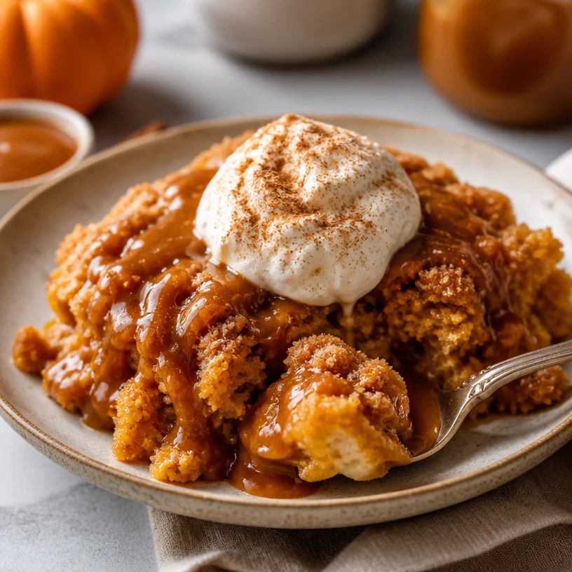 Seasonal Pumpkin Dulce de Leche Dump Cake topped with caramel drizzle