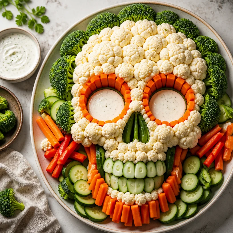 Skull-shaped veggie tray filled with fresh vegetables for Halloween parties