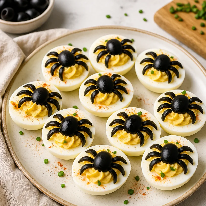Spider Deviled Eggs decorated for Halloween with olives and paprika.