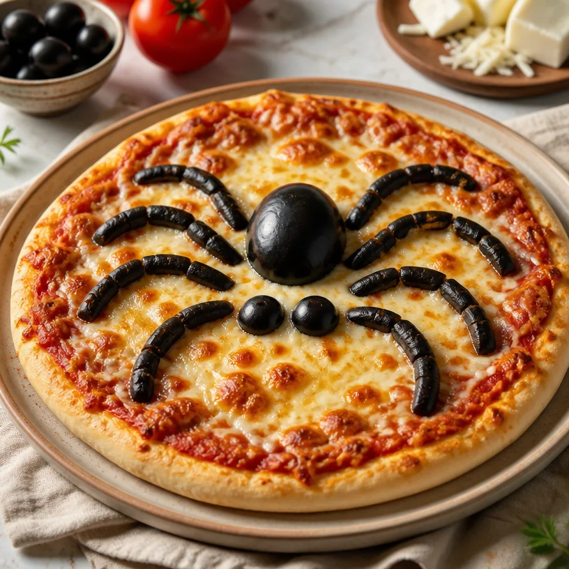 A visually appealing Spider Pizza featuring unique toppings and design