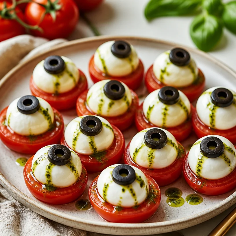Spooky eyeball caprese bites made with mozzarella and tomatoes for Halloween