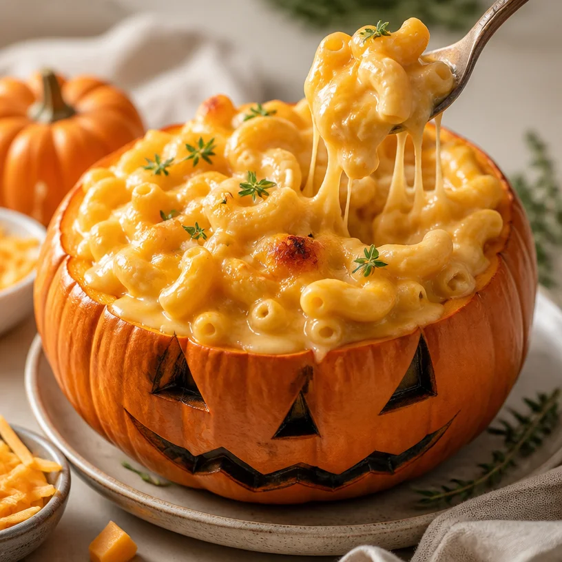 Creamy Halloween Mac and Cheese with spooky decorations for a festive meal
