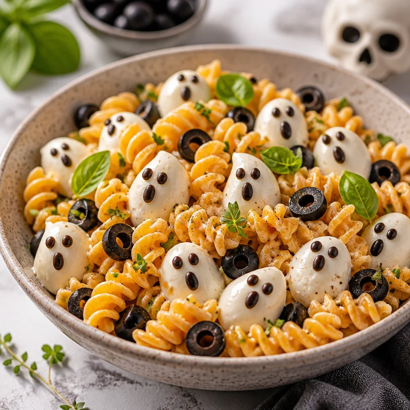 Spooky Halloween pasta salad with festive ingredients for a party.