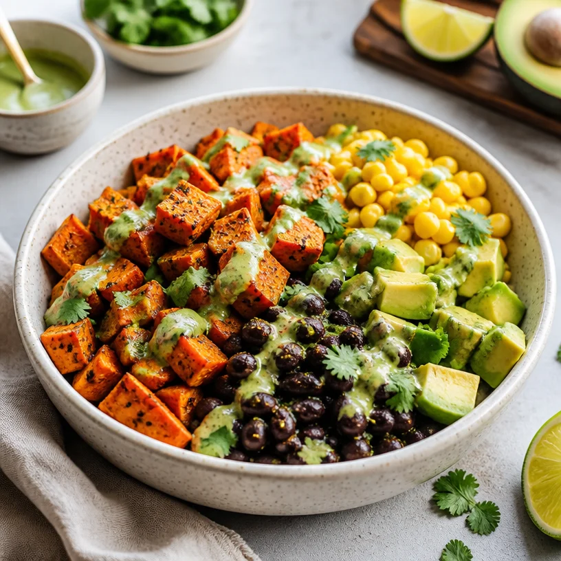 Delicious Sweet Potato Black Bean Bowl topped with fresh herbs and spices.
