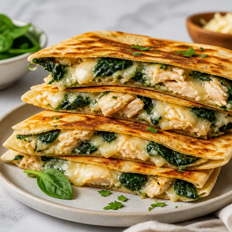 Turkey Spinach Quesadilla with melted cheese and fresh ingredients