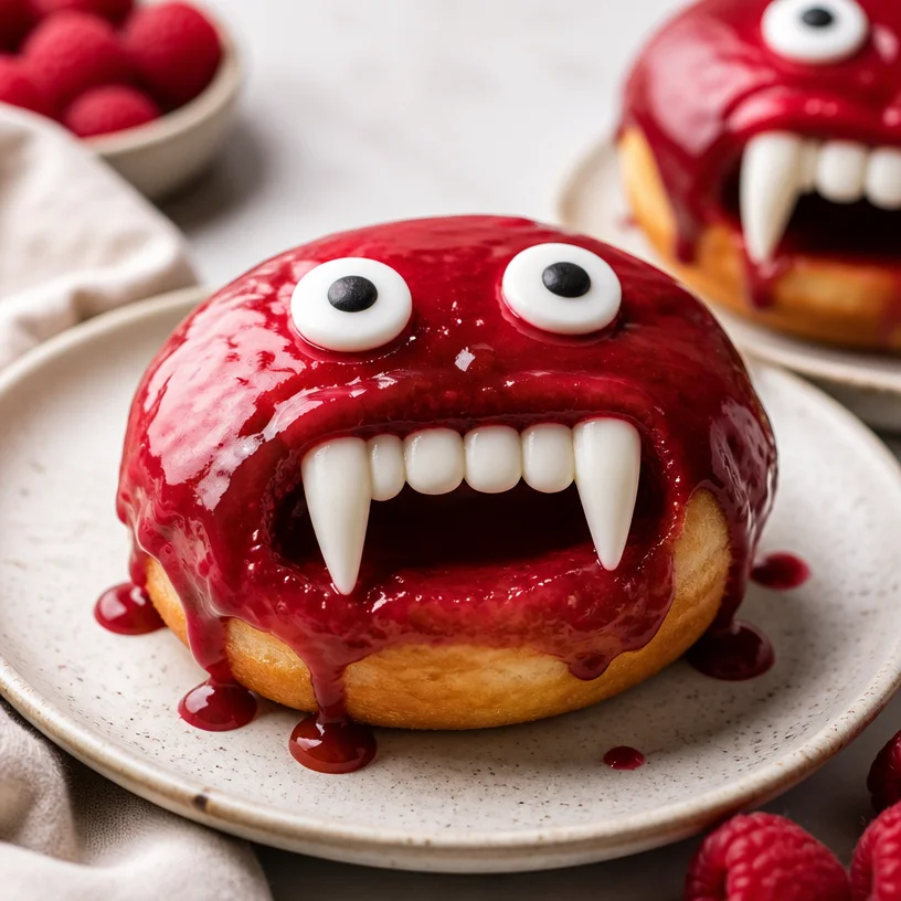 Spooky vampire donuts decorated with icing and chocolate for Halloween