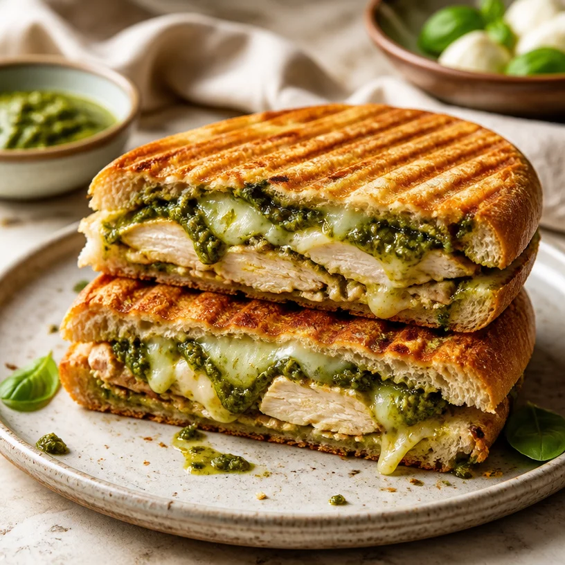 Crispy chicken pesto panini on a plate, ready to be enjoyed for dinner.