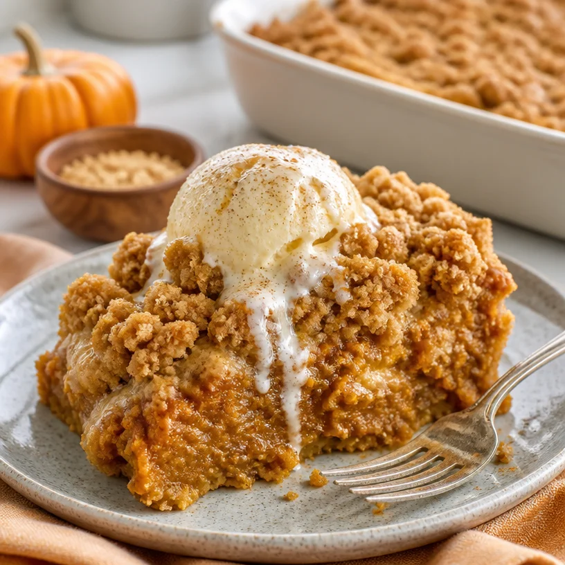 Weeknight pumpkin pie dump cake made with 5 ingredients in one pan